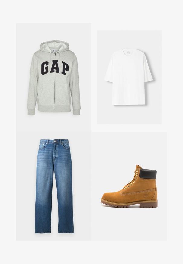 Sivá mikina na zips s prednou klokankou, s čiernym logom "GAP". Mäkká tkanina a nastaviteľná kapucňa so šnúrkou.; Biela tričko s krátkym rukávom vyrobené z bavlny, s okrúhlym výstrihom a voľným strihom. Hladká textúra, bez viditeľných vzorov alebo akcentov.; Džíny z modrého denimu s rovnými nohavicami, piatimi vreckami a zapínaním na gombík a zips, vystavené na bielom pozadí.; Tyrkysové semišové členkové topánky s čiernym polstrovaným golierom, zlatými kovovými očkami, bielym prešívaním a robustnou gumovou podrážkou s výraznými drážkami.