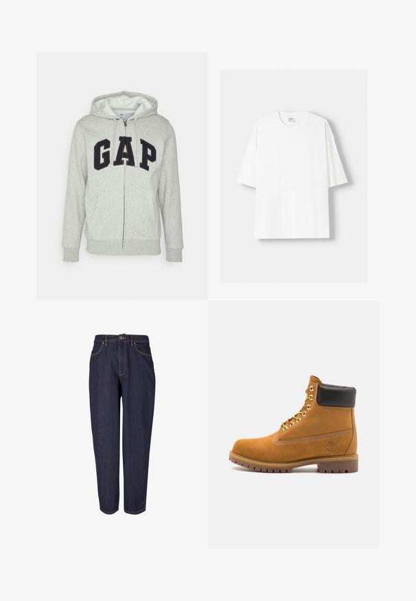 Grijze zip-up hoodie met een voorkant kangaroo zak, met een zwart "GAP" logo. Zachte stof en verstelbare trekkoordcapuchon.; Witte t-shirt met korte mouwen, gemaakt van katoen, met een ronde halslijn en een relaxte pasvorm. Gladde textuur, zonder zichtbare patronen of accenten.; Donkerdenim jeans met een recht gesneden ontwerp, voorzien van traditionele vijf-pocket styling, subtiele gouden stiksels en een metalen knoopsluiting.; Tan suède enkelboot met zwart gevoerd kraagje, gouden metalen oogjes, witte stikdetails en een robuuste rubberen zool met uitgesproken profiel.