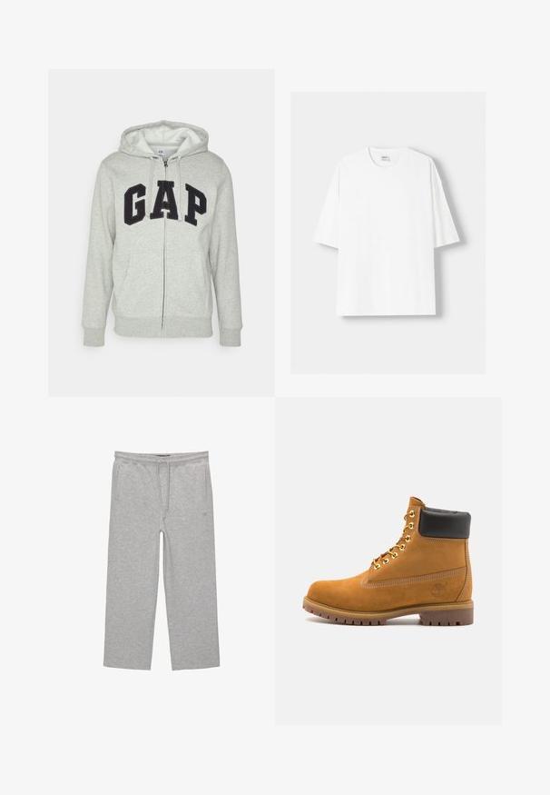 Grauer Reißverschluss-Hoodie mit einer vorderen Kängurutasche, ausgestattet mit einem schwarzen "GAP"-Logo. Weicher Stoff und verstellbare Kapuze mit Kordelzug.; Weißes kurzärmliges T-Shirt aus Baumwolle mit Rundhalsausschnitt und lockerer Passform. Glatte Textur, ohne sichtbare Muster oder Akzente.; Graue Baumwoll-Loungehosen mit elastischem Bund, Kordelzug und zwei seitlichen Taschen; gerader Schnitt, weiche Textur, ohne Muster.; Beige Wildleder-Ankle-Boot mit schwarzem gepolstertem Kragen, goldenen Metallösen, weißen Nähdetalben und einer robusten Gummisohle mit ausgeprägtem Profil.