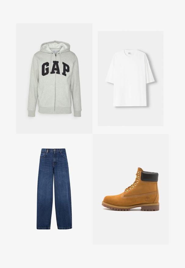Sivi dukserica sa zatvaračem i prednjim kengur džepom, s crnim "GAP" logom. Mekana tkanina i kapuljača s podesivim vezicama.; Bijela kratkodlana majica s kratkim rukavima, izrađena od pamuka, s okruglim izrezom i opuštenim krojem. Gladak materijal, bez vidljivih uzoraka ili akcenta.; Široke traperice od plavog denima s klasičnim dizajnom pet džepova, zatvaranjem na dugme i lagano izbljeđenom teksturom. Čvrsti detalji šivanja.; Antracitne antilop čizme do gležnjeva s crnim podstavljenim ovratnikom, zlatnim metalnim rupicama, bijelim šavovima i robusnom gumenom potplatom s izraženim šarama.