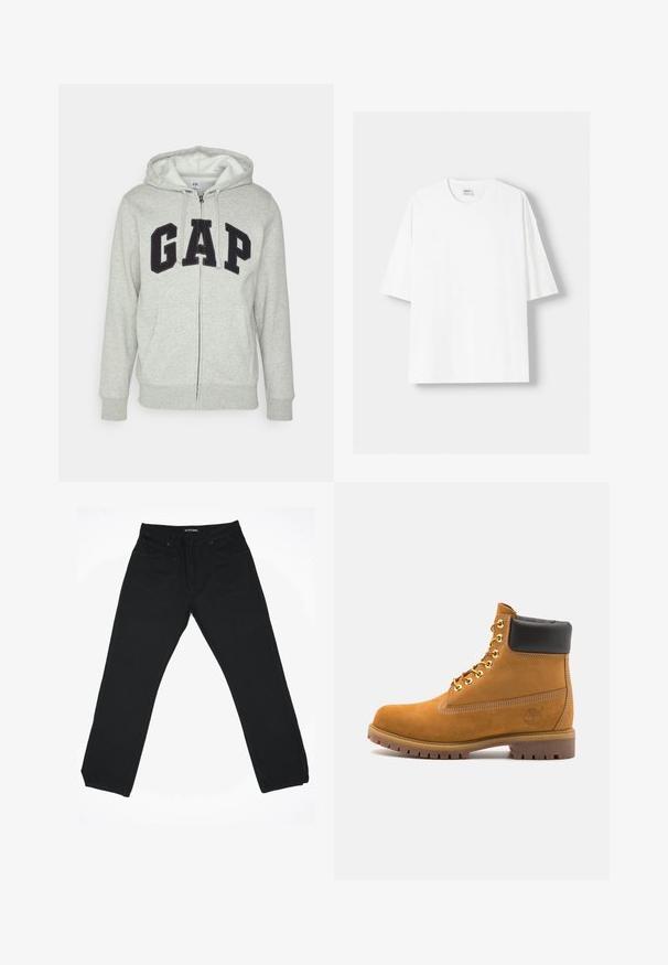 Grå zip-up huvtröja med en framficka av typ känguru, med en svart "GAP"-logotyp. Mjuk tyg och justerbar dragsko på huvan.; Vit t-shirt med kort ärm, tillverkad av bomull, med rund halsringning och en avslappnad passform. Slät yta utan synliga mönster eller detaljer.; Svarta denimjeans med rak bendesign, med en medelhög midja, fem fickor och diskreta sömdetaljer.; Tan mockasins ankelstövlar med svart vadderad krage, guldmetallöglor, vit sömdekor och slitstöt gummisula med utmärkta mönster.