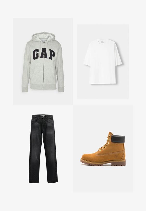 Grå zip-up huvtröja med en framficka av typ känguru, med en svart "GAP"-logotyp. Mjuk tyg och justerbar dragsko på huvan.; Vit t-shirt med kort ärm, tillverkad av bomull, med rund halsringning och en avslappnad passform. Slät yta utan synliga mönster eller detaljer.; Svarta raka jeans i denim, med framfickor, dragkedja och subtila blekningar på tyget. Inga synliga logotyper eller detaljer.; Tan mockasins ankelstövlar med svart vadderad krage, guldmetallöglor, vit sömdekor och slitstöt gummisula med utmärkta mönster.