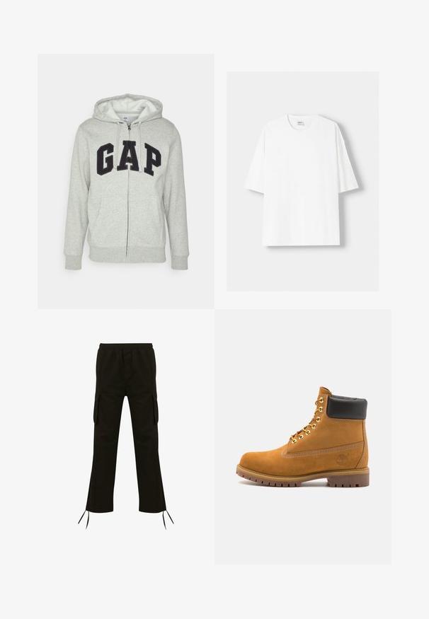 Grijze zip-up hoodie met een voorkant kangaroo zak, met een zwart "GAP" logo. Zachte stof en verstelbare trekkoordcapuchon.; Witte t-shirt met korte mouwen, gemaakt van katoen, met een ronde halslijn en een relaxte pasvorm. Gladde textuur, zonder zichtbare patronen of accenten.; Zwarte cargobroek met een elastische tailleband, zijzakken en trekkoorden aan de zoom; gemaakt van een lichtgewicht stof met een soepele textuur.; Tan suède enkelboot met zwart gevoerd kraagje, gouden metalen oogjes, witte stikdetails en een robuuste rubberen zool met uitgesproken profiel.