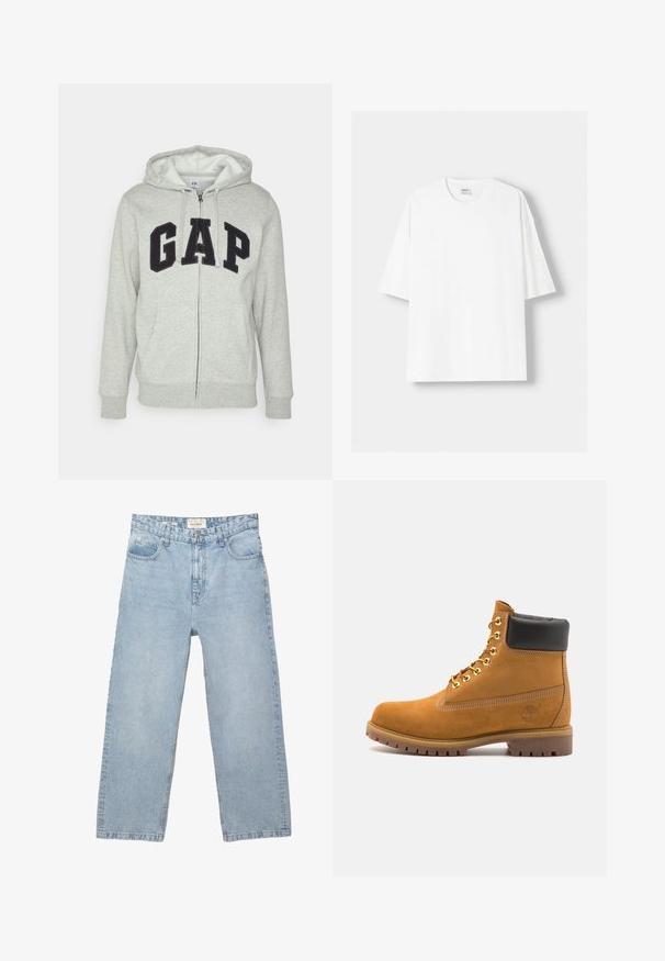 Siva zip-up kapuca z zadrgo s sprednjim kengurujskim žepom, s črnim logotipom "GAP". Mehak material in nastavljiva kapuca na vrvico.; Bela kratka majica s kratkimi rokavi iz bombaža, s krožnim izrezom in sproščenim krojem. Gladka tekstura, brez vidnih vzorcev ali poudarkov.; Svjetloplave traperice s labavim, ravnim krojem, koje imaju pet džepova, zatvaranje na dugme i suptilno blijeđenje po cijelom materijalu.; Svetlo rjave anklne čizme iz semiša z črnim oblazinjenim ovratnikom, zlatimi kovinskimi očesci, belimi šivi in robustnim gumijastim podplatom s izrazitimi tredi.