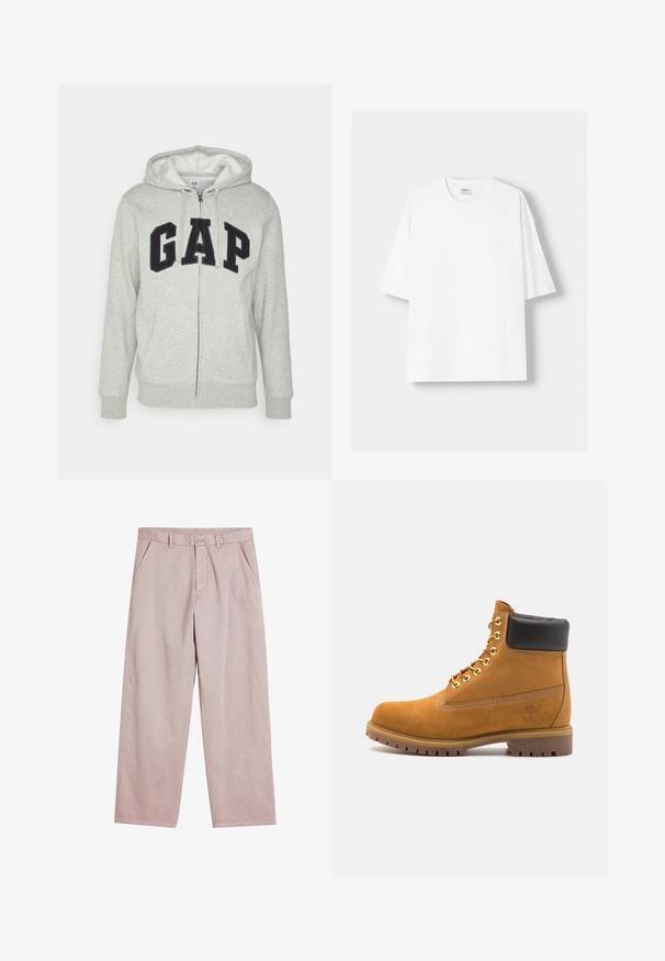 Grauer Reißverschluss-Hoodie mit einer vorderen Kängurutasche, ausgestattet mit einem schwarzen "GAP"-Logo. Weicher Stoff und verstellbare Kapuze mit Kordelzug.; Weißes kurzärmliges T-Shirt aus Baumwolle mit Rundhalsausschnitt und lockerer Passform. Glatte Textur, ohne sichtbare Muster oder Akzente.; Helle rosa weite Hosen aus weichem Stoff, mit Fronttaschen und Knopfverschluss, versehen mit dezenten Nähten.; Beige Wildleder-Ankle-Boot mit schwarzem gepolstertem Kragen, goldenen Metallösen, weißen Nähdetalben und einer robusten Gummisohle mit ausgeprägtem Profil.