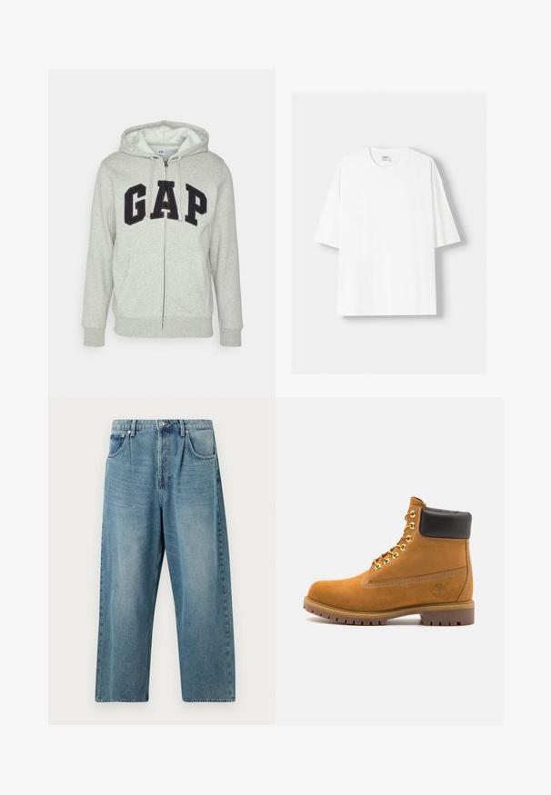 Felpa grigia con zip e tasca a marsupio frontale, con il logo "GAP" in nero. Tessuto morbido e cappuccio regolabile con cordino.; T-shirt bianco a maniche corte realizzato in cotone, con scollatura rotonda e vestibilità rilassata. Texture liscia, senza motivi o dettagli visibili.; Jeans in denim azzurro chiaro con taglio a gamba dritta, dotati di chiusura a bottoni, due tasche frontali e una classica texture scolorita.; Stivale alla caviglia in suede tan con collare imbottito nero, occhielli in metallo dorato, dettagli in cucitura bianca e suola in gomma robusta con battistrada pronunciato.