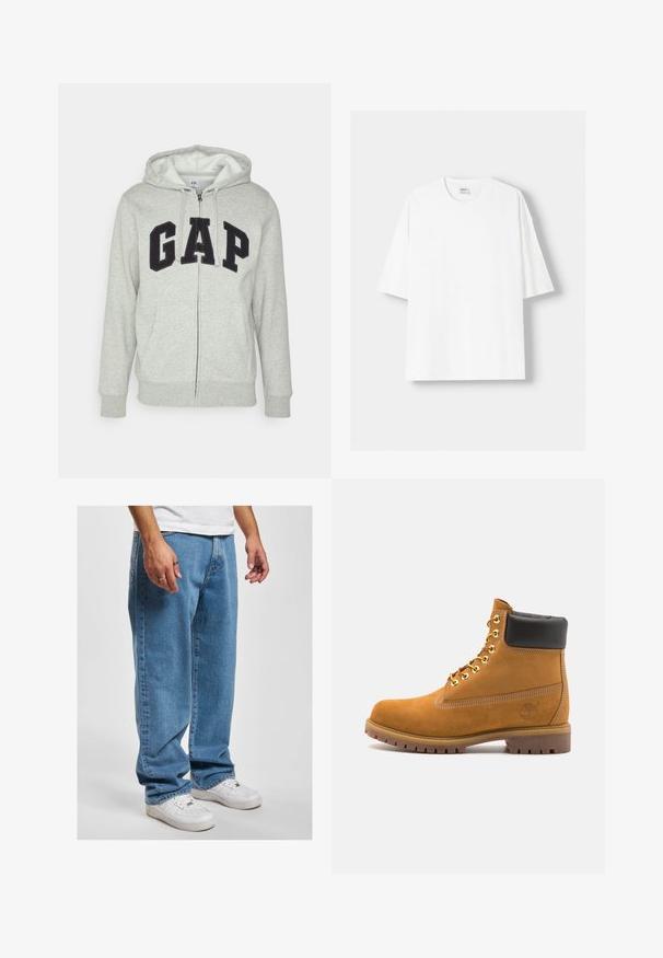 Hanorac gri cu fermoar, prevăzut cu o buză frontală tip kangur, având un logo negru "GAP". Material moale și glugă ajustabilă cu șnur.; Tricou alb cu mânecă scurtă, confecționat din bumbac, cu un decolteu rotund și o croială lejeră. Textură netedă, fără modele sau accente vizibile.; Jeans din denim bleu deschis cu o croială lejeră, având un design cu picior drept și ușoare efecte de uzură, asortați cu adidași albi.; Cizmă de gleznă din întoarsă de culoare bej, cu guler negru căptușit, ochiuri din metal auriu, detalii de cusătură albă și talpă din cauciuc robustă, cu un model pronunțat.