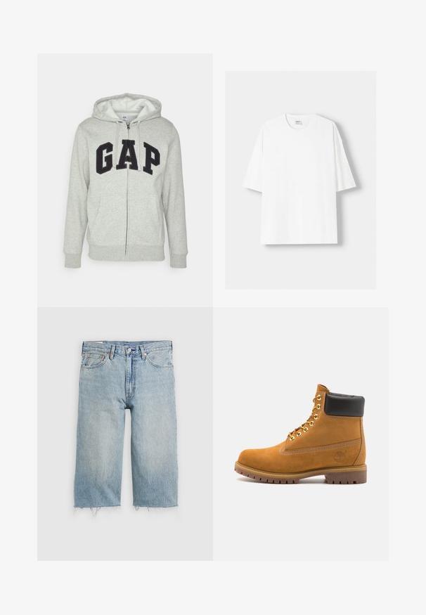 Grijze zip-up hoodie met een voorkant kangaroo zak, met een zwart "GAP" logo. Zachte stof en verstelbare trekkoordcapuchon.; Witte t-shirt met korte mouwen, gemaakt van katoen, met een ronde halslijn en een relaxte pasvorm. Gladde textuur, zonder zichtbare patronen of accenten.; Lichtblauwe spijkerbroekshorts met een rechte snit, rafelige zoom, vijf-pocket ontwerp en een knoopsluiting in de taille.; Tan suède enkelboot met zwart gevoerd kraagje, gouden metalen oogjes, witte stikdetails en een robuuste rubberen zool met uitgesproken profiel.