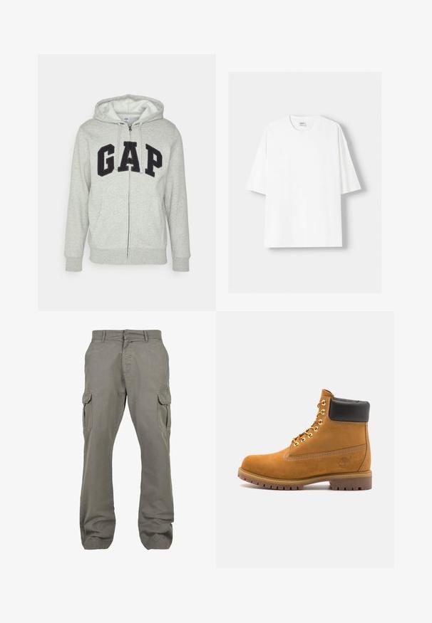 Grijze zip-up hoodie met een voorkant kangaroo zak, met een zwart "GAP" logo. Zachte stof en verstelbare trekkoordcapuchon.; Witte t-shirt met korte mouwen, gemaakt van katoen, met een ronde halslijn en een relaxte pasvorm. Gladde textuur, zonder zichtbare patronen of accenten.; Cargobroek in lichtgrijze stof met een recht slanke pasvorm, voorzien van meerdere zijzakken en een knoopsluiting voor een veilige pasvorm.; Tan suède enkelboot met zwart gevoerd kraagje, gouden metalen oogjes, witte stikdetails en een robuuste rubberen zool met uitgesproken profiel.