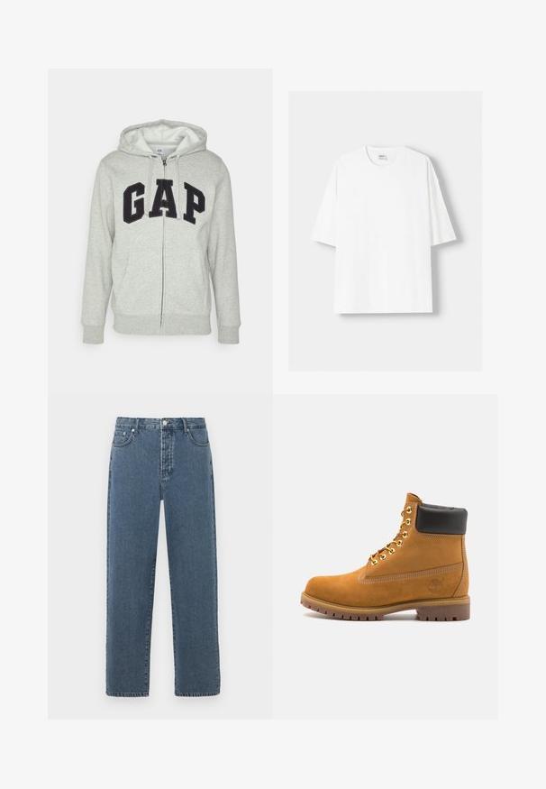 Harmaa vetoketjuhuppari, jossa on edessä kengurupussitasku ja musta "GAP"-logo. Pehmeää kangasta ja säädettävä nyöri hupparissa.; Valkoinen lyhythihainen t-paita, joka on valmistettu puuvillasta, ominaisuutenaan pyöreä pääntie ja rento istuvuus. Sileä pinta, ilman näkyviä kuvioita tai yksityiskohtia.; Siniset farkut, joissa on suora lahje, vetoketjuluukku, vyölenkit ja viisiosastoinen muotoilu. Kankaassa on hieno haalistuminen ja tekstuuria.; Valkoinen nahkainen nilkkuri mustalla pehmustetulla kauluksella, kultaisilla metallisilla rei'illä, valkoisella ompeluksella ja jykevällä kumipohjalla, jossa on selvästi näkyvät urat.