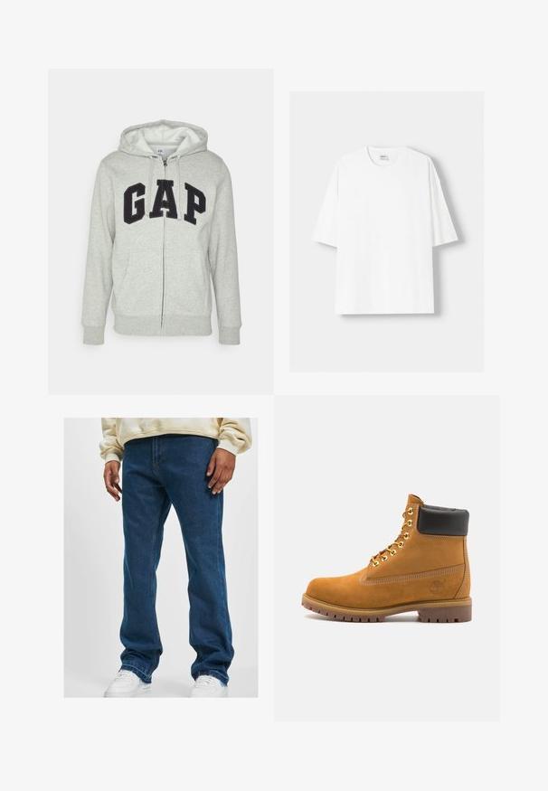 Gray zip-up hoodie with a front kangaroo pocket, featuring a black "GAP" logo. Soft fabric and adjustable drawstring hood.; White short-sleeved t-shirt made from cotton, featuring a round neckline and a relaxed fit. Smooth texture, with no visible patterns or accents.; Dark blue straight-leg jeans made of denim, featuring a simple design with classic stitching, worn with white sneakers.; Tan suede ankle boot with black padded collar, gold metal eyelets, white stitching detailing, and rugged rubber sole with pronounced treads.