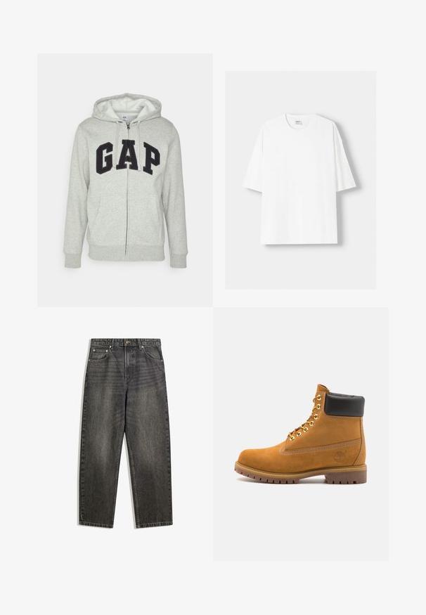 Hanorac gri cu fermoar, prevăzut cu o buză frontală tip kangur, având un logo negru "GAP". Material moale și glugă ajustabilă cu șnur.; Tricou alb cu mânecă scurtă, confecționat din bumbac, cu un decolteu rotund și o croială lejeră. Textură netedă, fără modele sau accente vizibile.; Jeans din denim negru cu o croială lejeră, având cinci buzunare, închidere cu nasture și o ușoară decolorare în textura materialului.; Cizmă de gleznă din întoarsă de culoare bej, cu guler negru căptușit, ochiuri din metal auriu, detalii de cusătură albă și talpă din cauciuc robustă, cu un model pronunțat.