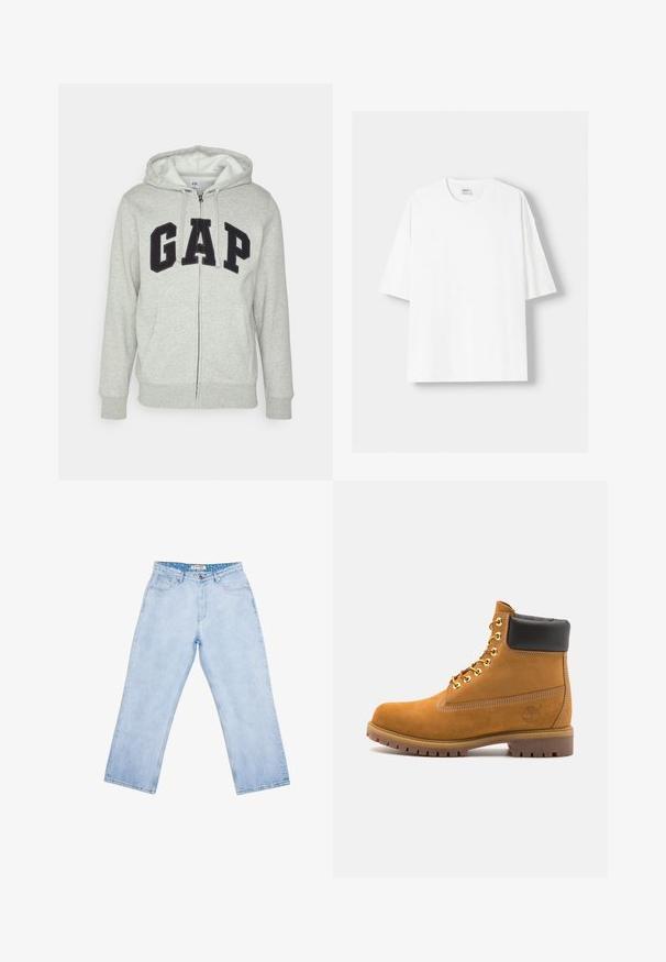 Siva zip-up kapuca z zadrgo s sprednjim kengurujskim žepom, s črnim logotipom "GAP". Mehak material in nastavljiva kapuca na vrvico.; Bela kratka majica s kratkimi rokavi iz bombaža, s krožnim izrezom in sproščenim krojem. Gladka tekstura, brez vidnih vzorcev ali poudarkov.; Svetlo modri kavbojke z ravnimi hlačnicami, elastičnim pasom in petimi žepi. Gladka tekstura in minimalni šivi.; Svetlo rjave anklne čizme iz semiša z črnim oblazinjenim ovratnikom, zlatimi kovinskimi očesci, belimi šivi in robustnim gumijastim podplatom s izrazitimi tredi.