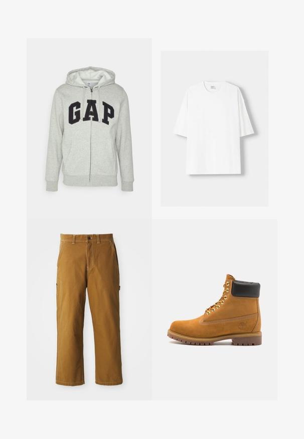 Gray zip-up hoodie with a front kangaroo pocket, featuring a black "GAP" logo. Soft fabric and adjustable drawstring hood.; White short-sleeved t-shirt made from cotton, featuring a round neckline and a relaxed fit. Smooth texture, with no visible patterns or accents.; Brown cotton pants with a straight cut, reinforced stitching, and side pockets. Features a button closure and belt loops at the waist.; Tan suede ankle boot with black padded collar, gold metal eyelets, white stitching detailing, and rugged rubber sole with pronounced treads.