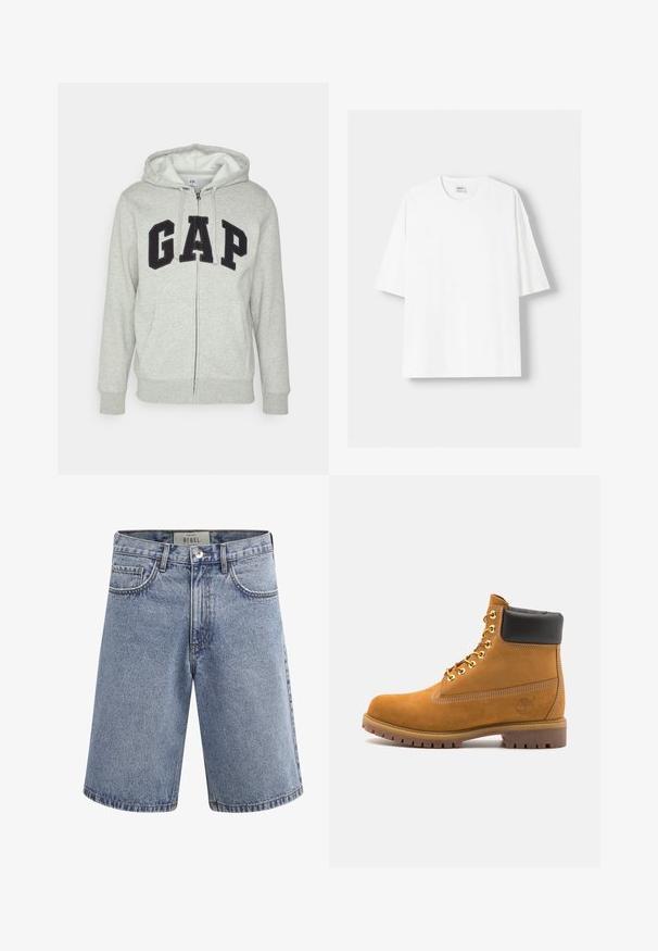 Sivi dukserica sa zatvaračem i prednjim kengur džepom, s crnim "GAP" logom. Mekana tkanina i kapuljača s podesivim vezicama.; Bijela kratkodlana majica s kratkim rukavima, izrađena od pamuka, s okruglim izrezom i opuštenim krojem. Gladak materijal, bez vidljivih uzoraka ili akcenta.; Traper šortsevi u svijetloplavoj boji s ispiranjem. Imaju pet džepova, zip zatvaranje i struk srednje visine. Duple šavove na rubovima.; Antracitne antilop čizme do gležnjeva s crnim podstavljenim ovratnikom, zlatnim metalnim rupicama, bijelim šavovima i robusnom gumenom potplatom s izraženim šarama.