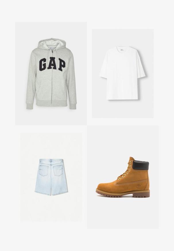 Szürke cipzáras kapucnis felső, elülső kenguruzsebbel, fekete "GAP" logóval. Puha anyag és állítható zsinóros kapucni.; Fehér, rövid ujjú pamut póló, kerek nyakkivágással és laza szabással. Simább textúra, látható minták vagy díszítések nélkül.; Világoskék farmer rövidnadrág, egyenes szabással. Két hátsó zsebből és látható varrásból áll. Sima tapintású, klasszikus öt zsebes dizájn.; Barna velúr bokacipő fekete párnázott gallérral, arany fém fűzőlyukakkal, fehér varrási részletekkel és durva gumitalppal, amelynek kifejezett barázdái vannak.