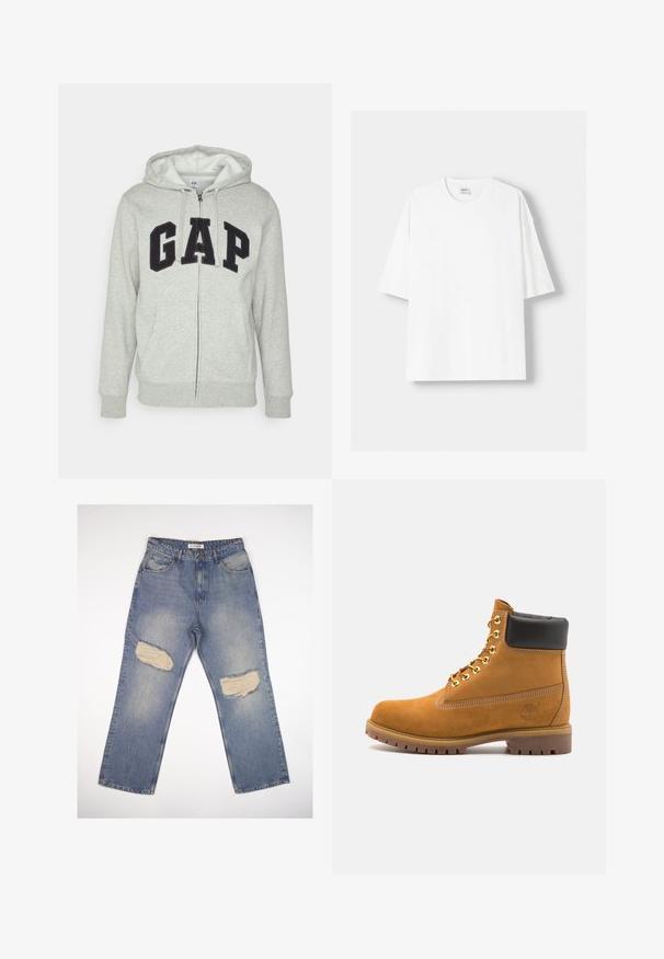 Sivi dukserica sa zatvaračem i prednjim kengur džepom, s crnim "GAP" logom. Mekana tkanina i kapuljača s podesivim vezicama.; Bijela kratkodlana majica s kratkim rukavima, izrađena od pamuka, s okruglim izrezom i opuštenim krojem. Gladak materijal, bez vidljivih uzoraka ili akcenta.; Svijetloplave traperice s ravnim krojem, s dva velika izlizana oštećenja na koljenima i standardnim dizajnom s pet džepova.; Antracitne antilop čizme do gležnjeva s crnim podstavljenim ovratnikom, zlatnim metalnim rupicama, bijelim šavovima i robusnom gumenom potplatom s izraženim šarama.
