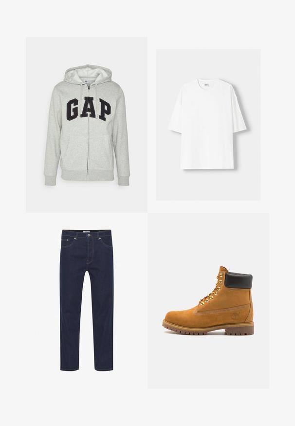 Grå zip-up huvtröja med en framficka av typ känguru, med en svart "GAP"-logotyp. Mjuk tyg och justerbar dragsko på huvan.; Vit t-shirt med kort ärm, tillverkad av bomull, med rund halsringning och en avslappnad passform. Slät yta utan synliga mönster eller detaljer.; Mörkblå denimjeans med rak passform, med ljusa sömmar, fem fickor och knäppning i midjan. Slät textur.; Tan mockasins ankelstövlar med svart vadderad krage, guldmetallöglor, vit sömdekor och slitstöt gummisula med utmärkta mönster.