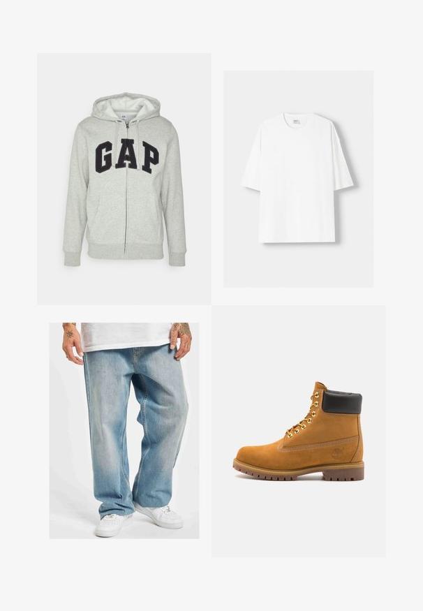 Harmaa vetoketjuhuppari, jossa on edessä kengurupussitasku ja musta "GAP"-logo. Pehmeää kangasta ja säädettävä nyöri hupparissa.; Valkoinen lyhythihainen t-paita, joka on valmistettu puuvillasta, ominaisuutenaan pyöreä pääntie ja rento istuvuus. Sileä pinta, ilman näkyviä kuvioita tai yksityiskohtia.; Vaaleansiniset farkut rennolla mitoituksella, joissa on suora lahje ja hieno haalistuma. Yhdistetty valkoisiin lenkkareihin.; Valkoinen nahkainen nilkkuri mustalla pehmustetulla kauluksella, kultaisilla metallisilla rei'illä, valkoisella ompeluksella ja jykevällä kumipohjalla, jossa on selvästi näkyvät urat.