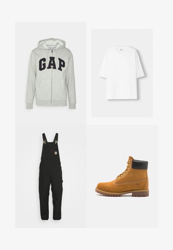 Harmaa vetoketjuhuppari, jossa on edessä kengurupussitasku ja musta "GAP"-logo. Pehmeää kangasta ja säädettävä nyöri hupparissa.; Valkoinen lyhythihainen t-paita, joka on valmistettu puuvillasta, ominaisuutenaan pyöreä pääntie ja rento istuvuus. Sileä pinta, ilman näkyviä kuvioita tai yksityiskohtia.; Mustat puuvillaiset haalarit, joissa on säädettävät hihnat, etutasku logopatchilla ja kaksi sivutaskua rentoa istuvuutta varten.; Valkoinen nahkainen nilkkuri mustalla pehmustetulla kauluksella, kultaisilla metallisilla rei'illä, valkoisella ompeluksella ja jykevällä kumipohjalla, jossa on selvästi näkyvät urat.