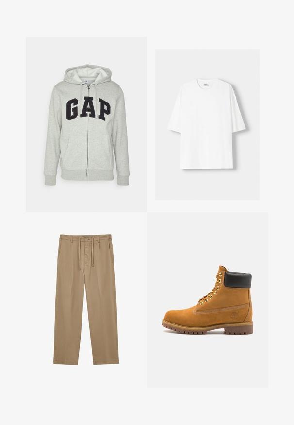 Grauer Reißverschluss-Hoodie mit einer vorderen Kängurutasche, ausgestattet mit einem schwarzen "GAP"-Logo. Weicher Stoff und verstellbare Kapuze mit Kordelzug.; Weißes kurzärmliges T-Shirt aus Baumwolle mit Rundhalsausschnitt und lockerer Passform. Glatte Textur, ohne sichtbare Muster oder Akzente.; Beige, lockere Hose aus glattem Stoff. Mit Knopfverschluss, verstellbarem Kordelzug und Seitentaschen. Gerades Beindesign.; Beige Wildleder-Ankle-Boot mit schwarzem gepolstertem Kragen, goldenen Metallösen, weißen Nähdetalben und einer robusten Gummisohle mit ausgeprägtem Profil.