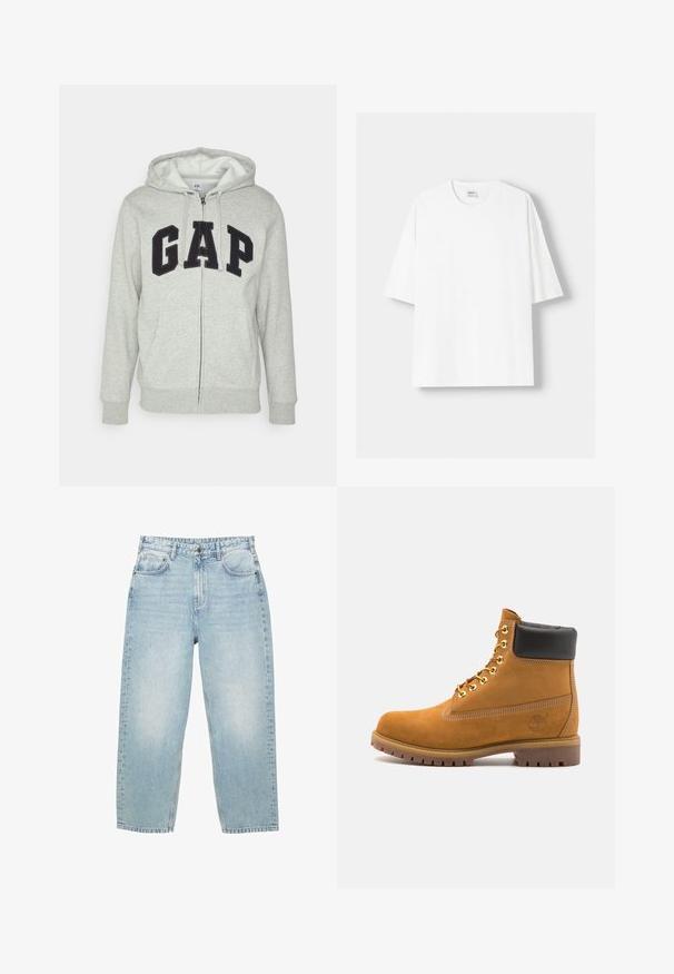 Harmaa vetoketjuhuppari, jossa on edessä kengurupussitasku ja musta "GAP"-logo. Pehmeää kangasta ja säädettävä nyöri hupparissa.; Valkoinen lyhythihainen t-paita, joka on valmistettu puuvillasta, ominaisuutenaan pyöreä pääntie ja rento istuvuus. Sileä pinta, ilman näkyviä kuvioita tai yksityiskohtia.; Vaaleansiniset korkeavyötäröiset farkut suoran lahkeensuunnalla, joissa on etu- ja takataskut sekä nappikiinnitys näkyvällä ompeleella.; Valkoinen nahkainen nilkkuri mustalla pehmustetulla kauluksella, kultaisilla metallisilla rei'illä, valkoisella ompeluksella ja jykevällä kumipohjalla, jossa on selvästi näkyvät urat.