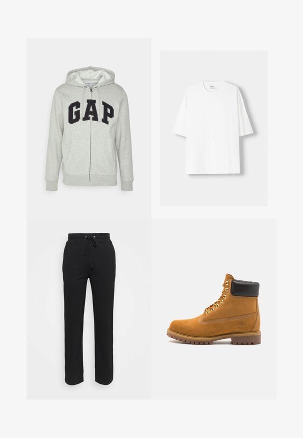 Szürke cipzáras kapucnis felső, elülső kenguruzsebbel, fekete "GAP" logóval. Puha anyag és állítható zsinóros kapucni.; Fehér, rövid ujjú pamut póló, kerek nyakkivágással és laza szabással. Simább textúra, látható minták vagy díszítések nélkül.; Fekete melegítőnadrág puha anyagból, elasztikus derékrésszel és állítható zsinórral. Egyenes lábakkal rendelkezik, zsebek nélkül.; Barna velúr bokacipő fekete párnázott gallérral, arany fém fűzőlyukakkal, fehér varrási részletekkel és durva gumitalppal, amelynek kifejezett barázdái vannak.