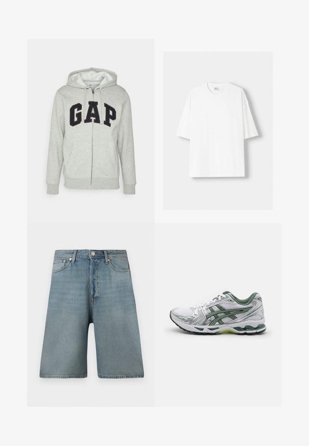 Szürke cipzáras kapucnis felső, elülső kenguruzsebbel, fekete "GAP" logóval. Puha anyag és állítható zsinóros kapucni.; Fehér, rövid ujjú pamut póló, kerek nyakkivágással és laza szabással. Simább textúra, látható minták vagy díszítések nélkül.; Világoskék farmer rövidnadrág, laza fazonnal, öt zsebbel és hagyományos gombos záródással, elhalványult foltokkal a kopott hatás érdekében.; Fehér futócipő ezüst kiegészítőkkel, zöld hálós gallérral és zöld csíkokkal. Jellemzője a texturált hálós felsőrész és a párnázott talp.