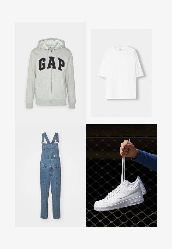 Grå zip-up huvtröja med en framficka av typ känguru, med en svart "GAP"-logotyp. Mjuk tyg och justerbar dragsko på huvan.; Vit t-shirt med kort ärm, tillverkad av bomull, med rund halsringning och en avslappnad passform. Slät yta utan synliga mönster eller detaljer.; Denim-overall i ljusblått med justerbara axelremmar, flera fickor och rak ben-design. Har en märkesetikett framtill.; Vita lädersneakers med perforeringar, rund tå, platt sula och tjocka snörning, med en synlig swoosh-logga och "AIR" på hälen.