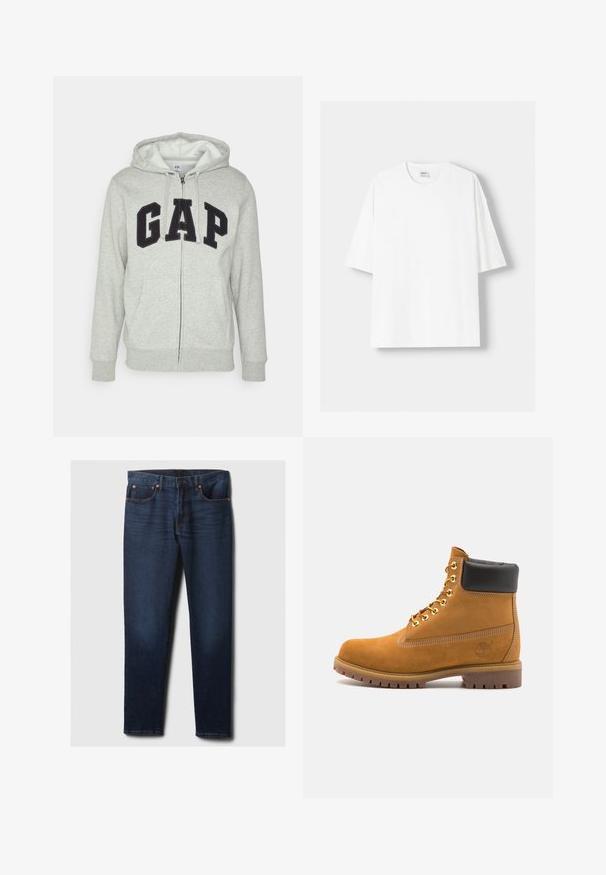 Sivá mikina na zips s prednou klokankou, s čiernym logom "GAP". Mäkká tkanina a nastaviteľná kapucňa so šnúrkou.; Biela tričko s krátkym rukávom vyrobené z bavlny, s okrúhlym výstrihom a voľným strihom. Hladká textúra, bez viditeľných vzorov alebo akcentov.; Tmavomodré úzke džínsy s miernym vyblednutím na predných stehnách, mosadzné nitové detaily a klasický pätkový strih, položené na bielom pozadí.; Tyrkysové semišové členkové topánky s čiernym polstrovaným golierom, zlatými kovovými očkami, bielym prešívaním a robustnou gumovou podrážkou s výraznými drážkami.