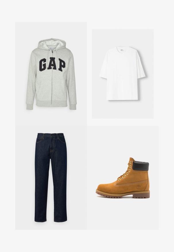 Szürke cipzáras kapucnis felső, elülső kenguruzsebbel, fekete "GAP" logóval. Puha anyag és állítható zsinóros kapucni.; Fehér, rövid ujjú pamut póló, kerek nyakkivágással és laza szabással. Simább textúra, látható minták vagy díszítések nélkül.; Sötétkék farmernadrág, egyenes lábakkal, közepes derékkal, narancssárga varrással és klasszikus öt zsebes dizájnnal.; Barna velúr bokacipő fekete párnázott gallérral, arany fém fűzőlyukakkal, fehér varrási részletekkel és durva gumitalppal, amelynek kifejezett barázdái vannak.