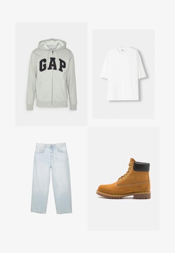 Siva zip-up kapuca z zadrgo s sprednjim kengurujskim žepom, s črnim logotipom "GAP". Mehak material in nastavljiva kapuca na vrvico.; Bela kratka majica s kratkimi rokavi iz bombaža, s krožnim izrezom in sproščenim krojem. Gladka tekstura, brez vidnih vzorcev ali poudarkov.; Svijetloplave traperice visokog struka ravnog kroja s prednjim gumbom, džepovima i malom metalnom oznakom brenda na desnom prednjem džepu.; Svetlo rjave anklne čizme iz semiša z črnim oblazinjenim ovratnikom, zlatimi kovinskimi očesci, belimi šivi in robustnim gumijastim podplatom s izrazitimi tredi.