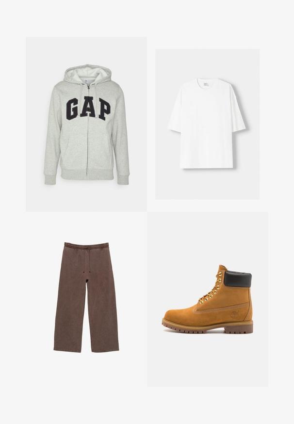 Grijze zip-up hoodie met een voorkant kangaroo zak, met een zwart "GAP" logo. Zachte stof en verstelbare trekkoordcapuchon.; Witte t-shirt met korte mouwen, gemaakt van katoen, met een ronde halslijn en een relaxte pasvorm. Gladde textuur, zonder zichtbare patronen of accenten.; Bruine katoenen joggingbroek met een elastische tailleband, verstelbaar trekkoord, wijde benen en minimale stikseldetails.; Tan suède enkelboot met zwart gevoerd kraagje, gouden metalen oogjes, witte stikdetails en een robuuste rubberen zool met uitgesproken profiel.