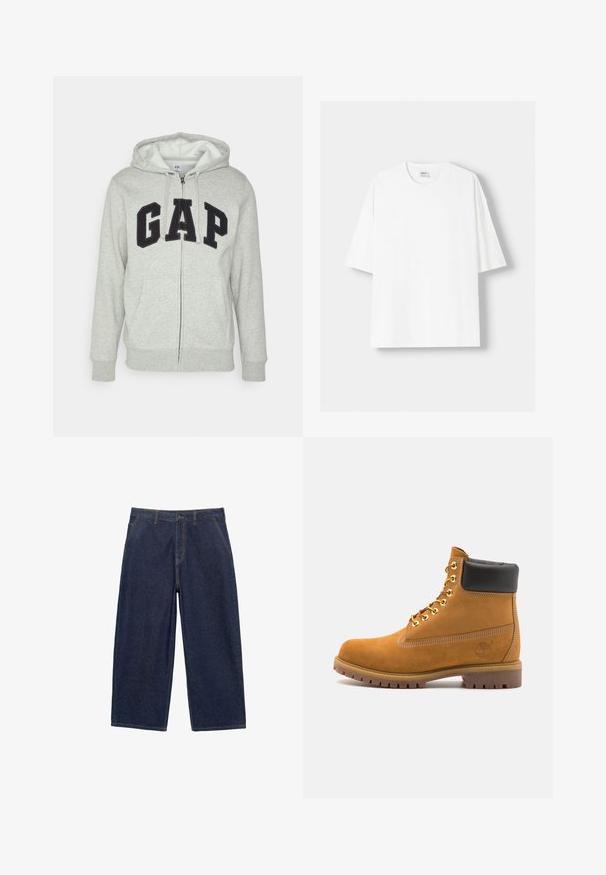Šedá mikina s kapsou na klokanku a zipem, s černým logem "GAP". Měkká látka a nastavitelné stahovací kapuce.; Bílá krátkosrstá tričko s krátkým rukávem vyrobené z bavlny, se zaobleným výstřihem a volným střihem. Hladká textura, bez viditelných vzorů nebo akcentů.; Široké tmavě modré džíny s klasickým pětipocketovým designem, s viditelným prošíváním a zapínáním na knoflík v pase.; Hnědé semišové kotníkové boty s černým polstrovaným límcem, zlatými kovovými očky, bílým prošíváním a odolnou gumovou podrážkou s výraznými drážkami.