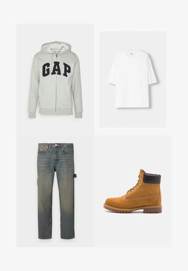 Gray zip-up hoodie with a front kangaroo pocket, featuring a black "GAP" logo. Soft fabric and adjustable drawstring hood.; White short-sleeved t-shirt made from cotton, featuring a round neckline and a relaxed fit. Smooth texture, with no visible patterns or accents.; Denim jeans in light blue with a faded effect, straight leg design, five pockets, and belt loops. Features a side strap detail.; Tan suede ankle boot with black padded collar, gold metal eyelets, white stitching detailing, and rugged rubber sole with pronounced treads.