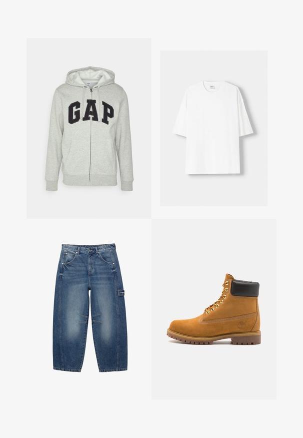 Siva zip-up kapuca z zadrgo s sprednjim kengurujskim žepom, s črnim logotipom "GAP". Mehak material in nastavljiva kapuca na vrvico.; Bela kratka majica s kratkimi rokavi iz bombaža, s krožnim izrezom in sproščenim krojem. Gladka tekstura, brez vidnih vzorcev ali poudarkov.; PULL&BEAR BALLOON FIT WITH EMBROIDERED POCKET - Vrečaste kavbojke - blue denim; Svetlo rjave anklne čizme iz semiša z črnim oblazinjenim ovratnikom, zlatimi kovinskimi očesci, belimi šivi in robustnim gumijastim podplatom s izrazitimi tredi.