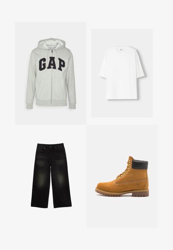 Hanorac gri cu fermoar, prevăzut cu o buză frontală tip kangur, având un logo negru "GAP". Material moale și glugă ajustabilă cu șnur.; Tricou alb cu mânecă scurtă, confecționat din bumbac, cu un decolteu rotund și o croială lejeră. Textură netedă, fără modele sau accente vizibile.; Pantaloni largi din denim negru, cu talie medie, care includ cinci buzunare, o ușoară decolorare pe genunchi și detalii cu tiv brut.; Cizmă de gleznă din întoarsă de culoare bej, cu guler negru căptușit, ochiuri din metal auriu, detalii de cusătură albă și talpă din cauciuc robustă, cu un model pronunțat.