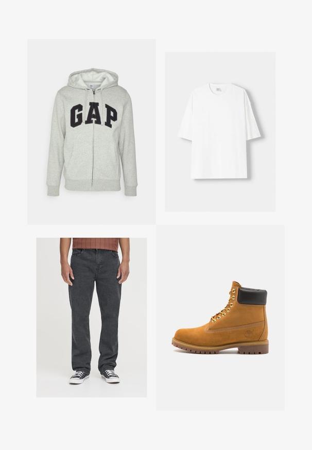 Szürke cipzáras kapucnis felső, elülső kenguruzsebbel, fekete "GAP" logóval. Puha anyag és állítható zsinóros kapucni.; Fehér, rövid ujjú pamut póló, kerek nyakkivágással és laza szabással. Simább textúra, látható minták vagy díszítések nélkül.; Fekete farmernadrág, egyenes szabású, elülső zsebekkel, cipzáros pitykával és diszkrét textúrával. Fekete-fehér tornacipővel viselve.; Barna velúr bokacipő fekete párnázott gallérral, arany fém fűzőlyukakkal, fehér varrási részletekkel és durva gumitalppal, amelynek kifejezett barázdái vannak.