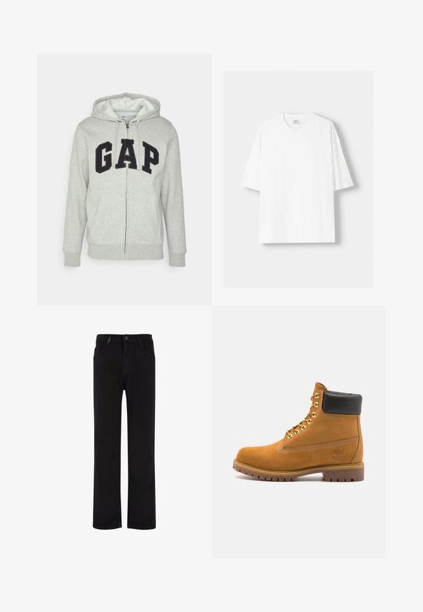 Šedá mikina s kapsou na klokanku a zipem, s černým logem "GAP". Měkká látka a nastavitelné stahovací kapuce.; Bílá krátkosrstá tričko s krátkým rukávem vyrobené z bavlny, se zaobleným výstřihem a volným střihem. Hladká textura, bez viditelných vzorů nebo akcentů.; Černé džíny s rovnými nohavicemi, které mají zapínání na knoflík, poutek na opasek a přední kapsy. Hladká textura a jednotná barva.; Hnědé semišové kotníkové boty s černým polstrovaným límcem, zlatými kovovými očky, bílým prošíváním a odolnou gumovou podrážkou s výraznými drážkami.