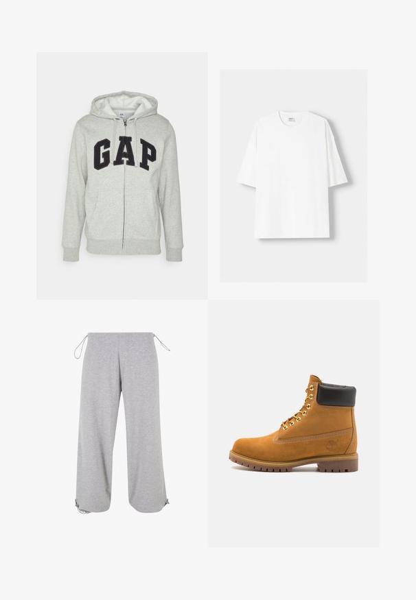 Harmaa vetoketjuhuppari, jossa on edessä kengurupussitasku ja musta "GAP"-logo. Pehmeää kangasta ja säädettävä nyöri hupparissa.; Valkoinen lyhythihainen t-paita, joka on valmistettu puuvillasta, ominaisuutenaan pyöreä pääntie ja rento istuvuus. Sileä pinta, ilman näkyviä kuvioita tai yksityiskohtia.; Vaaleanharmaat leveät housut, jotka on valmistettu pehmeästä puuvillasta. Housuissa on säädettävät nauhat vyötäröllä ja helmassa, jotta ne voi säätää sopiviksi.; Valkoinen nahkainen nilkkuri mustalla pehmustetulla kauluksella, kultaisilla metallisilla rei'illä, valkoisella ompeluksella ja jykevällä kumipohjalla, jossa on selvästi näkyvät urat.