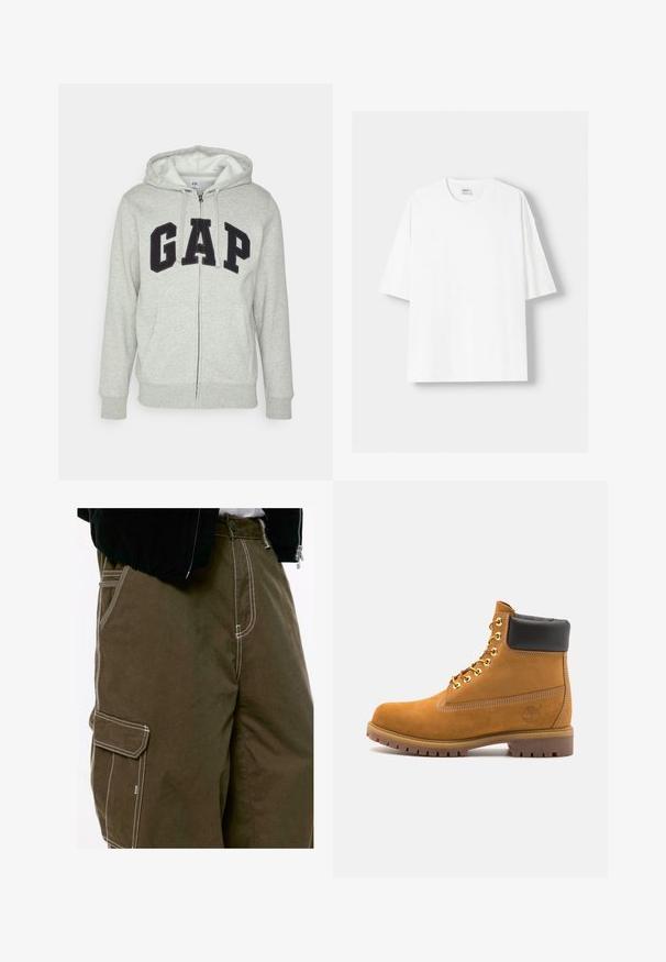 Harmaa vetoketjuhuppari, jossa on edessä kengurupussitasku ja musta "GAP"-logo. Pehmeää kangasta ja säädettävä nyöri hupparissa.; Valkoinen lyhythihainen t-paita, joka on valmistettu puuvillasta, ominaisuutenaan pyöreä pääntie ja rento istuvuus. Sileä pinta, ilman näkyviä kuvioita tai yksityiskohtia.; Läheltä kuvattu tumman oliivinvihreä cargo-housut, joissa on valkoinen kontrastitikkaukset ja sivutaskun läppä, yhdistettynä mustaan takkiin ja valkoiseen paitaan.; Valkoinen nahkainen nilkkuri mustalla pehmustetulla kauluksella, kultaisilla metallisilla rei'illä, valkoisella ompeluksella ja jykevällä kumipohjalla, jossa on selvästi näkyvät urat.