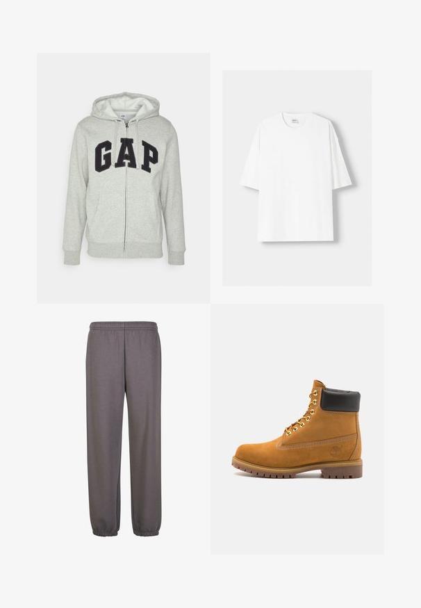 Šedá mikina s kapsou na klokanku a zipem, s černým logem "GAP". Měkká látka a nastavitelné stahovací kapuce.; Bílá krátkosrstá tričko s krátkým rukávem vyrobené z bavlny, se zaobleným výstřihem a volným střihem. Hladká textura, bez viditelných vzorů nebo akcentů.; Šedé tepláky vyrobené z měkké látky, s elastickým pasem, bočními kapsami a elastickými manžetami na kotnících pro uvolněný střih.; Hnědé semišové kotníkové boty s černým polstrovaným límcem, zlatými kovovými očky, bílým prošíváním a odolnou gumovou podrážkou s výraznými drážkami.