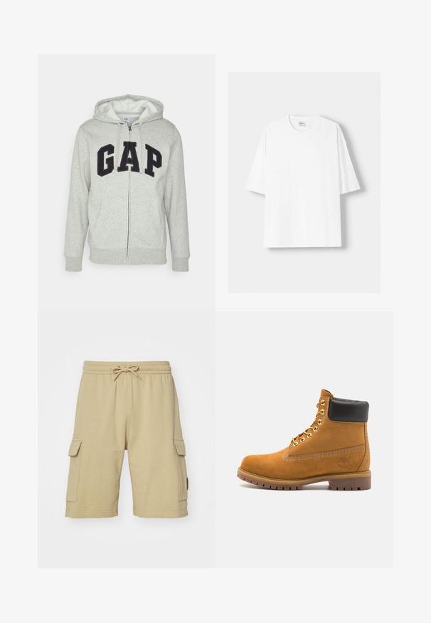 Szürke cipzáras kapucnis felső, elülső kenguruzsebbel, fekete "GAP" logóval. Puha anyag és állítható zsinóros kapucni.; Fehér, rövid ujjú pamut póló, kerek nyakkivágással és laza szabással. Simább textúra, látható minták vagy díszítések nélkül.; Beige pamut cargo short, elasztikus derékkel, húzózsinórral és oldalsó zsebekkel. Simább textúra és térd hosszúságú dizájn.; Barna velúr bokacipő fekete párnázott gallérral, arany fém fűzőlyukakkal, fehér varrási részletekkel és durva gumitalppal, amelynek kifejezett barázdái vannak.
