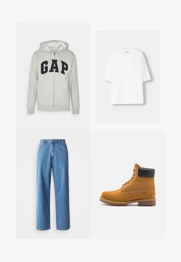 Sivi dukserica sa zatvaračem i prednjim kengur džepom, s crnim "GAP" logom. Mekana tkanina i kapuljača s podesivim vezicama.; Bijela kratkodlana majica s kratkim rukavima, izrađena od pamuka, s okruglim izrezom i opuštenim krojem. Gladak materijal, bez vidljivih uzoraka ili akcenta.; Svijetloplave traper široke hlače s visokim strukom, pet džepova i kopčanjem na gumb. Glatka tekstura s minimalnim izbjeljivanjem.; Antracitne antilop čizme do gležnjeva s crnim podstavljenim ovratnikom, zlatnim metalnim rupicama, bijelim šavovima i robusnom gumenom potplatom s izraženim šarama.
