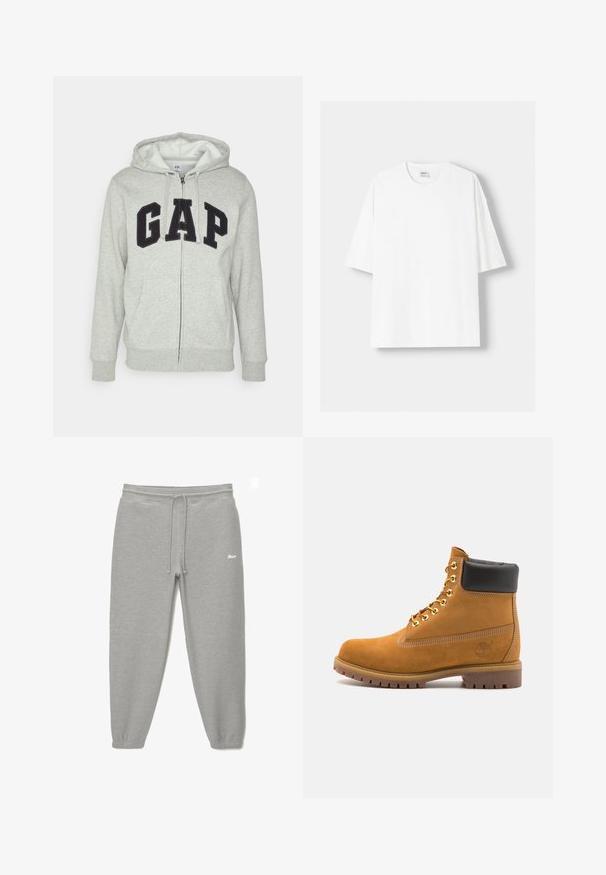Grå zip-up hoodie med en front kangaroo-lomme, der har et sort "GAP" logo. Blødt stof og justerbar hætte med snor.; Hvid kortærmet T-shirt lavet af bomuld, med rund halsudskæring og en afslappet pasform. Glat tekstur, uden synlige mønstre eller detaljer.; Grå sweatpants med elastisk talje og snøre. Har tapered ben og logoaccent på forsiden. Blød tekstur.; Tan nubuck ankelstøvle med sort polstret krave, gyldne metaløjer, hvid syning detaljer og robust gummisål med udtalte slidbaner.
