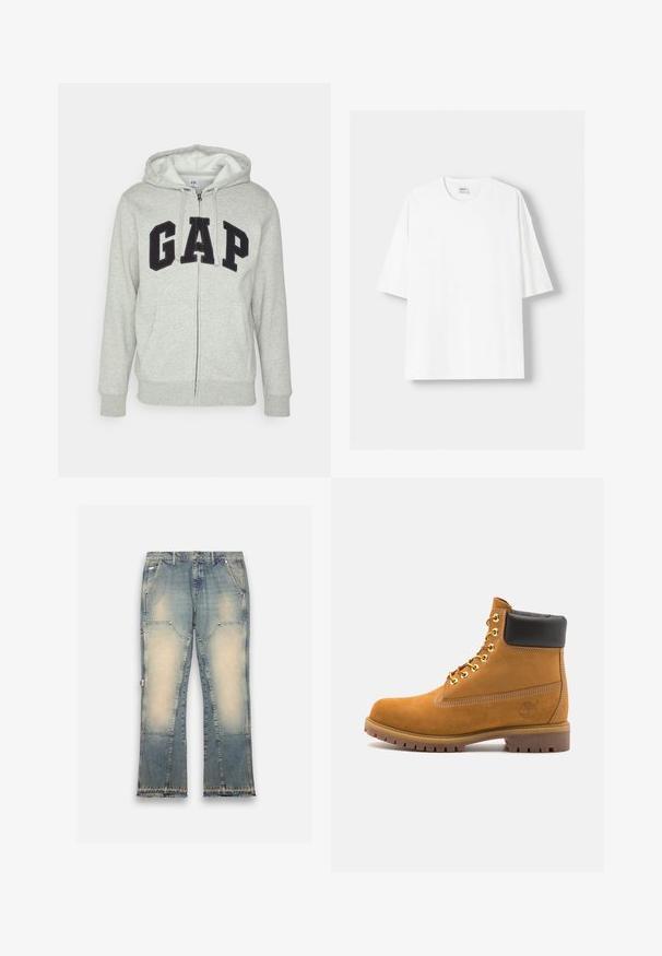 Hanorac gri cu fermoar, prevăzut cu o buză frontală tip kangur, având un logo negru "GAP". Material moale și glugă ajustabilă cu șnur.; Tricou alb cu mânecă scurtă, confecționat din bumbac, cu un decolteu rotund și o croială lejeră. Textură netedă, fără modele sau accente vizibile.; Jeansi din denim albastru deschis cu un design decolorat, cu picioare largi, cinci buzunare și margini desfăcute. Prezintă petice contrastante pentru un plus de textură.; Cizmă de gleznă din întoarsă de culoare bej, cu guler negru căptușit, ochiuri din metal auriu, detalii de cusătură albă și talpă din cauciuc robustă, cu un model pronunțat.
