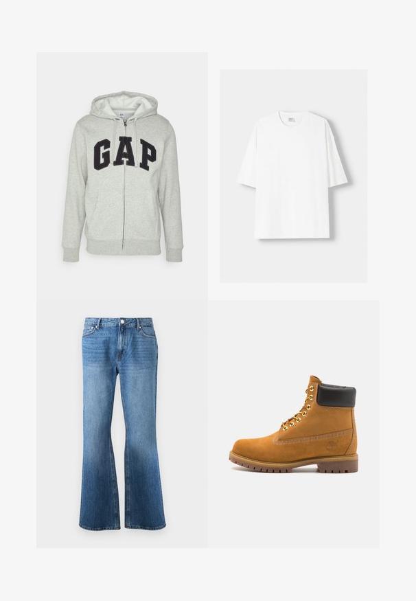 Szara bluza z kapturem na zamek z przednią kieszenią typu kangur, z czarnym logo "GAP". Miękka tkanina i regulowany kaptur z sznurkiem.; Biała koszulka z krótkim rękawem wykonana z bawełny, z okrągłym dekoltem i luźnym krojem. Gładka faktura, bez widocznych wzorów lub akcentów.; Niebieskie jeansy z wysokim stanem i szerokimi nogawkami, z przednimi kieszeniami, szlufkami na pasek oraz zapięciem na guzik.; Beżowe zamszowe botki sięgające kostki z czarną wyściełaną krawędzią, złotymi oczkami, białymi detalami szycia oraz wytrzymałą gumową podeszwą z wyraźnym bieżnikiem.