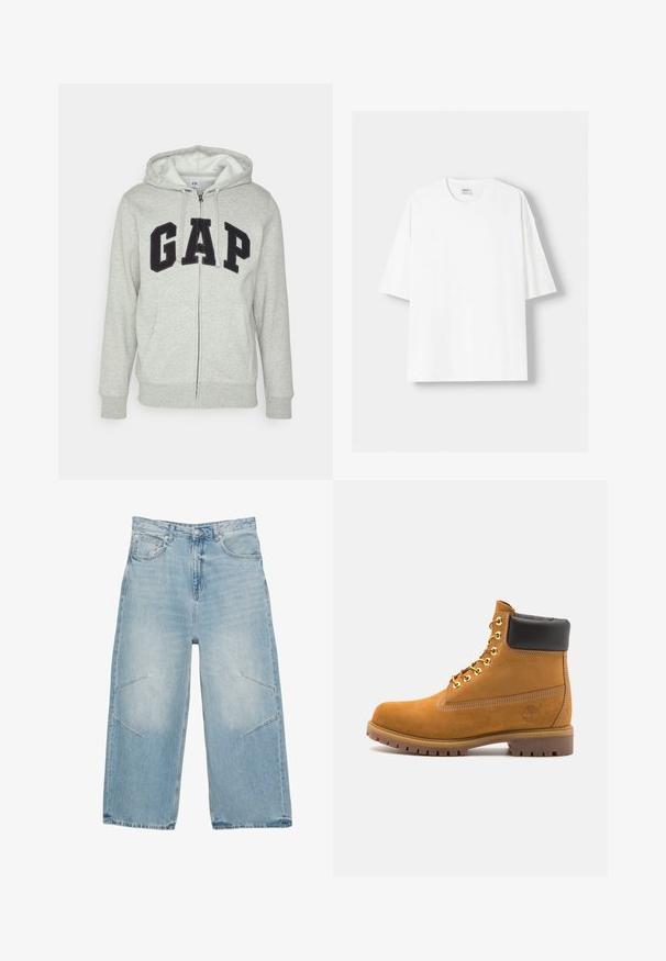 Szürke cipzáras kapucnis felső, elülső kenguruzsebbel, fekete "GAP" logóval. Puha anyag és állítható zsinóros kapucni.; Fehér, rövid ujjú pamut póló, kerek nyakkivágással és laza szabással. Simább textúra, látható minták vagy díszítések nélkül.; Világoskék, bő szabású farmernadrág, látható varrással, két elülső zsebbel és szögletes kivágási részletekkel a lábakon.; Barna velúr bokacipő fekete párnázott gallérral, arany fém fűzőlyukakkal, fehér varrási részletekkel és durva gumitalppal, amelynek kifejezett barázdái vannak.