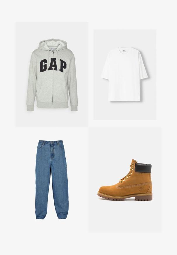 Siva zip-up kapuca z zadrgo s sprednjim kengurujskim žepom, s črnim logotipom "GAP". Mehak material in nastavljiva kapuca na vrvico.; Bela kratka majica s kratkimi rokavi iz bombaža, s krožnim izrezom in sproščenim krojem. Gladka tekstura, brez vidnih vzorcev ali poudarkov.; Svetlo modri kavbojke z visokim pasom, širok kroj, pet žepov in zaponka ter zadrga.; Svetlo rjave anklne čizme iz semiša z črnim oblazinjenim ovratnikom, zlatimi kovinskimi očesci, belimi šivi in robustnim gumijastim podplatom s izrazitimi tredi.