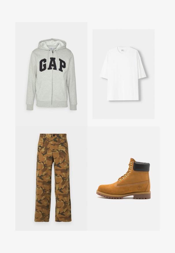 Szürke cipzáras kapucnis felső, elülső kenguruzsebbel, fekete "GAP" logóval. Puha anyag és állítható zsinóros kapucni.; Fehér, rövid ujjú pamut póló, kerek nyakkivágással és laza szabással. Simább textúra, látható minták vagy díszítések nélkül.; Barna és zöld árnyalatú, camouflázs mintás cargo nadrág, könnyű anyagból készült, négy zsebbel és gombos záródással.; Barna velúr bokacipő fekete párnázott gallérral, arany fém fűzőlyukakkal, fehér varrási részletekkel és durva gumitalppal, amelynek kifejezett barázdái vannak.